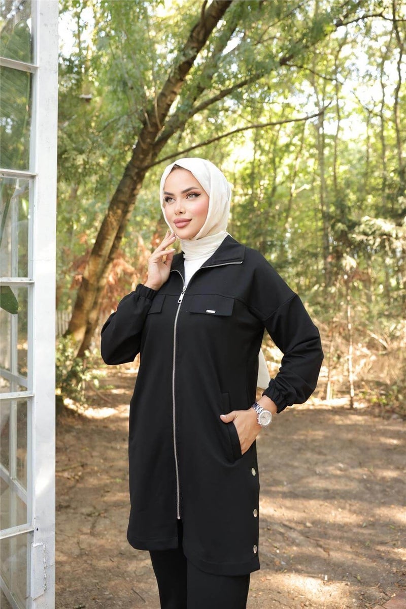 Bwest Zippered Pocket Snap Detail Double Hijab Tracksuit - 71207.003 - Black - Image 3