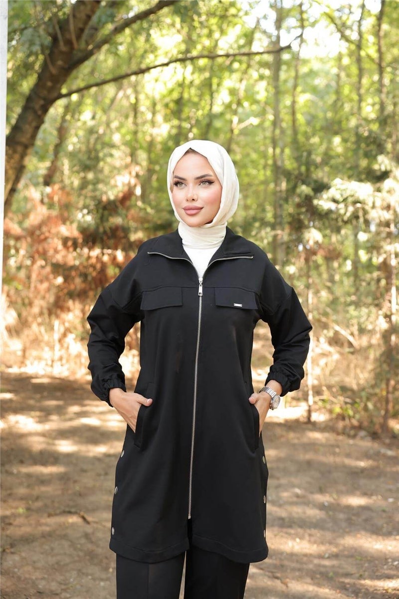 Bwest Zippered Pocket Snap Detail Double Hijab Tracksuit - 71207.003 - Black - Image 4