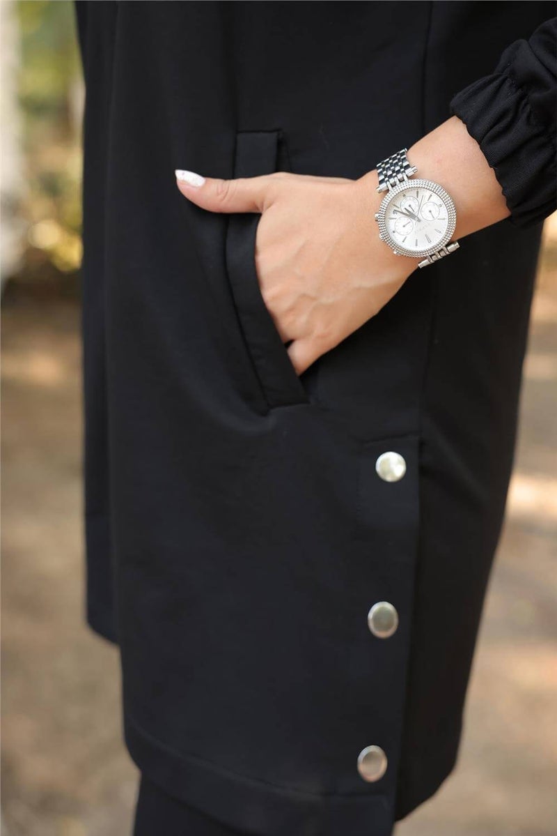 Bwest Zippered Pocket Snap Detail Double Hijab Tracksuit - 71207.003 - Black - Image 1