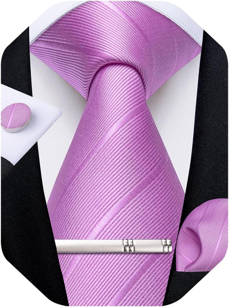 DiBanGu Mens Silk Necktie Solid Color Tie and Pocket Square Cufflink Tie Clip Set Woven Plain Ties for Men Wedding Party - Image 1