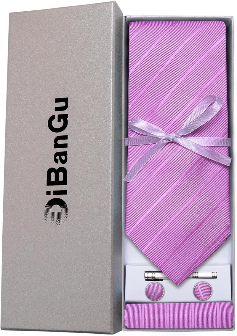 DiBanGu Mens Silk Necktie Solid Color Tie and Pocket Square Cufflink Tie Clip Set Woven Plain Ties for Men Wedding Party - Image 4