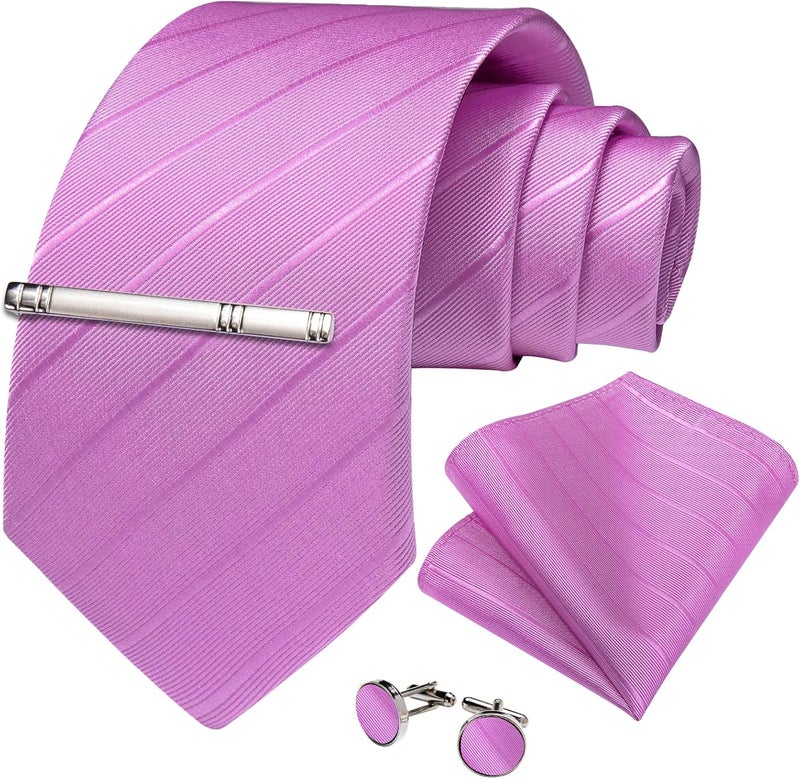 DiBanGu Mens Silk Necktie Solid Color Tie and Pocket Square Cufflink Tie Clip Set Woven Plain Ties for Men Wedding Party - Image 2