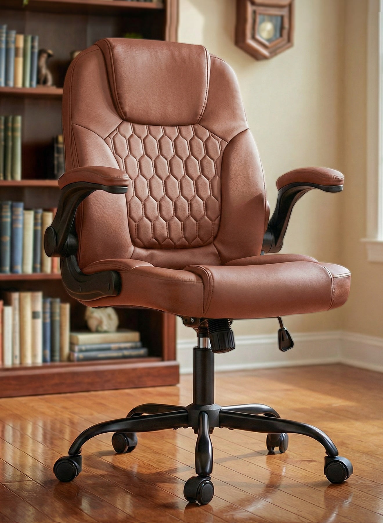 Ergonomic Office Chair for Work from Home | Computer Chair for Study | PU Leather Executive Boss Chair with Flip-Up Armrest, Cushion Seat & Lumbar Support | Heavy Duty Metal Base Desk Chair Brown