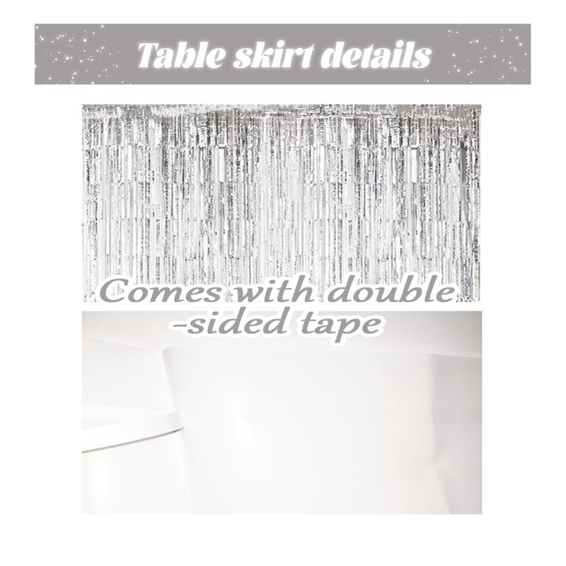 LabZhang 2 Pack 29.5x168 Inch Metallic Foil Fringe Tinsel Table Skirts Disposable Table Skirt for Parade Floats  Mardi Gras Party  Wedding  Birthday Party(Silver) - Image 4