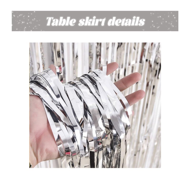 LabZhang 2 Pack 29.5x168 Inch Metallic Foil Fringe Tinsel Table Skirts Disposable Table Skirt for Parade Floats  Mardi Gras Party  Wedding  Birthday Party(Silver) - Image 3