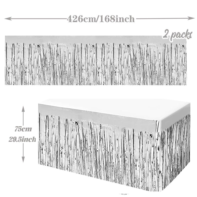 LabZhang 2 Pack 29.5x168 Inch Metallic Foil Fringe Tinsel Table Skirts Disposable Table Skirt for Parade Floats  Mardi Gras Party  Wedding  Birthday Party(Silver) - Image 2