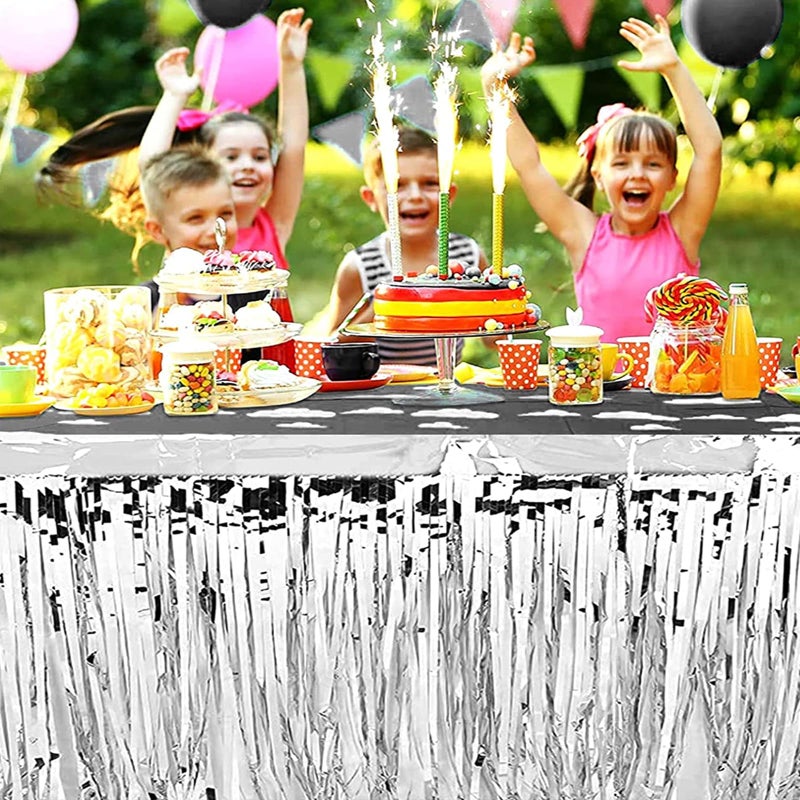 LabZhang 2 Pack 29.5x168 Inch Metallic Foil Fringe Tinsel Table Skirts Disposable Table Skirt for Parade Floats  Mardi Gras Party  Wedding  Birthday Party(Silver) - Image 5