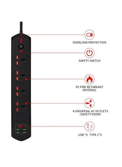 WECOM 2M Surge Protector Power Extension Cord 4 AC Outlets with 4 USB Ports and 2 Type-C Ports Power Strip for Home Office, Computers, and Electronics, Black  - Image 2