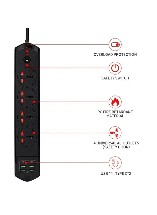ويكوم سلك تمديد طاقة 2 متر، 4 منافذ تيار متردد مع 4 منافذ USB ومنفذين من النوع C للمكتب المنزلي وأجهزة الكمبيوتر والإلكترونيات، أسود  - Image 2