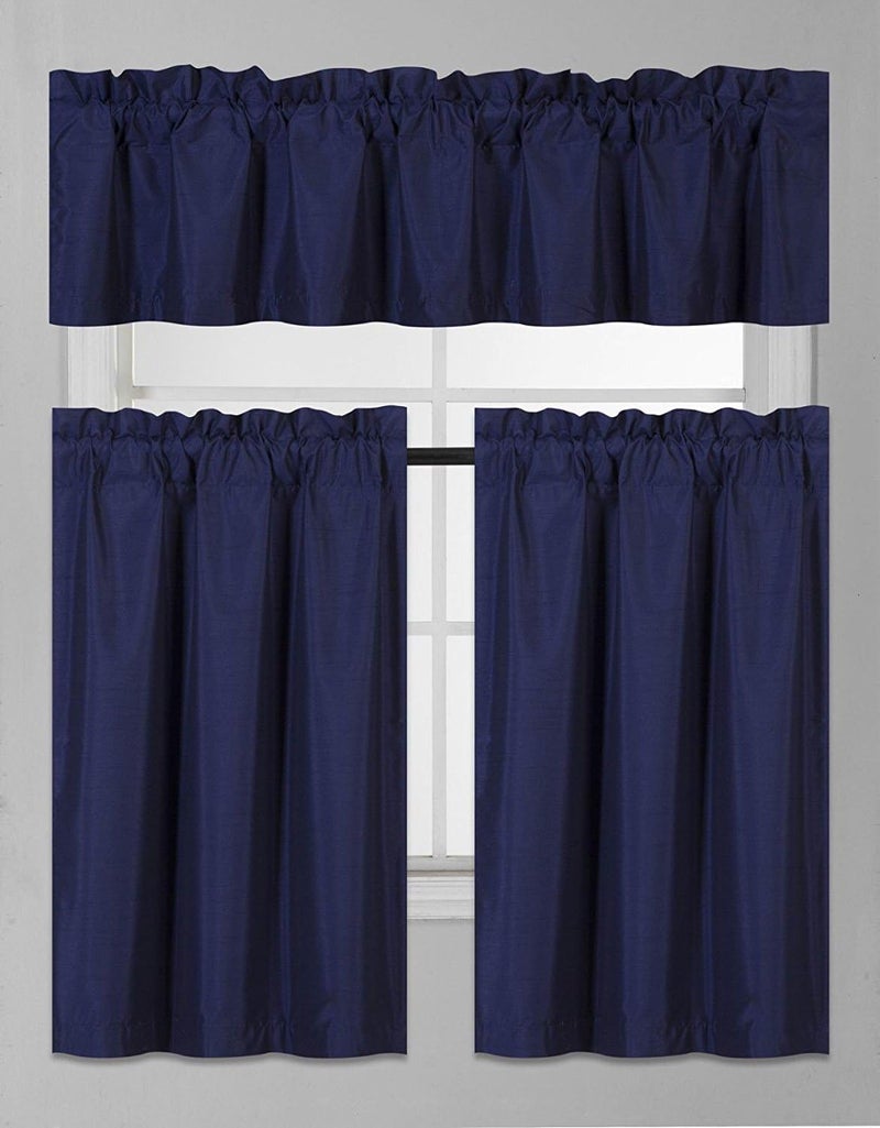 Fancy Linen Fancy Collection 3-Piece Faux Silk Blackout Kitchen Curtain Set - Tier Curtains and Valance - Solid Navy Blue - Thermal Backing - Assorted Colors - Image 1