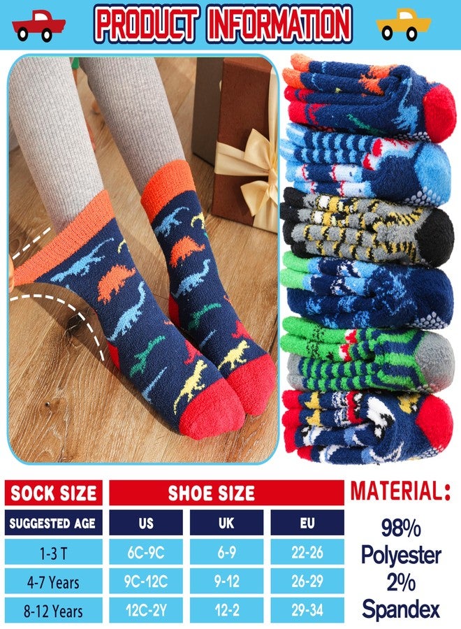 Welwoos Kids Boys Toddlers Fuzzy Slipper Socks with Grips Non Slip Warm Fluffy Winter Thick Fun Cozy Crew Hospital Gripper Socks 6 Pairs Christmas Gifts Stocking Stuffers (Animal & Cars,4-7 Years) - Image 5