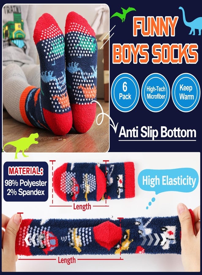Welwoos Kids Boys Toddlers Fuzzy Slipper Socks with Grips Non Slip Warm Fluffy Winter Thick Fun Cozy Crew Hospital Gripper Socks 6 Pairs Christmas Gifts Stocking Stuffers (Animal & Cars,4-7 Years) - Image 4
