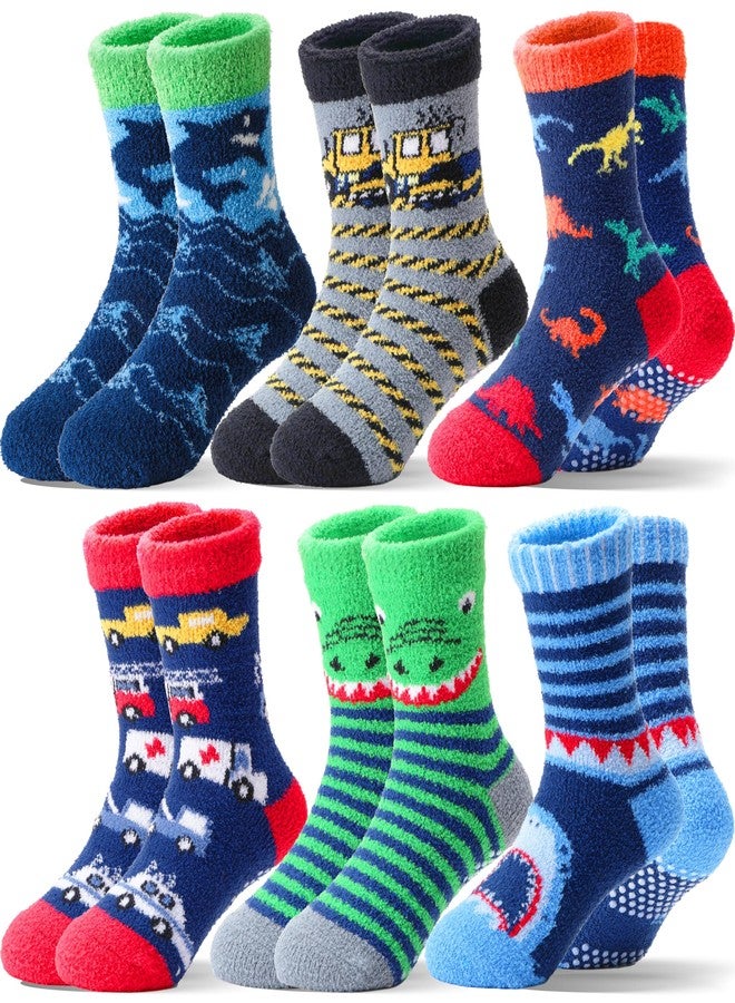 Welwoos Kids Boys Toddlers Fuzzy Slipper Socks with Grips Non Slip Warm Fluffy Winter Thick Fun Cozy Crew Hospital Gripper Socks 6 Pairs Christmas Gifts Stocking Stuffers (Animal & Cars,4-7 Years) - Image 1