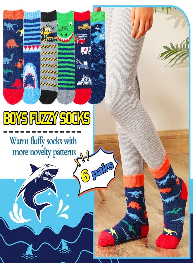 Welwoos Kids Boys Toddlers Fuzzy Slipper Socks with Grips Non Slip Warm Fluffy Winter Thick Fun Cozy Crew Hospital Gripper Socks 6 Pairs Christmas Gifts Stocking Stuffers (Animal & Cars,4-7 Years) - Image 3