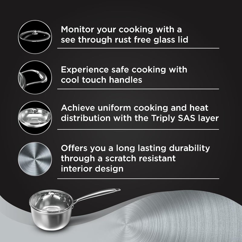 Preethi Metallica Collection Triply Stainless Steel Milk Pan with Glass Lid 16 cm Gas Induction Compatible Metal Spatula Friendly 1 Liter - Image 4