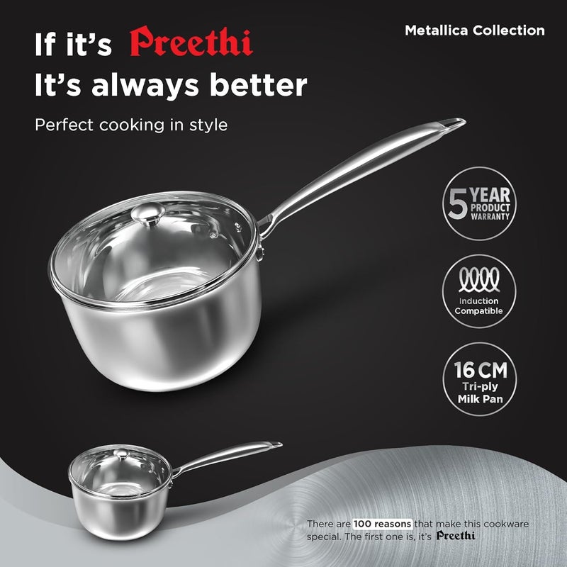 Preethi Metallica Collection Triply Stainless Steel Milk Pan with Glass Lid 16 cm Gas Induction Compatible Metal Spatula Friendly 1 Liter - Image 2