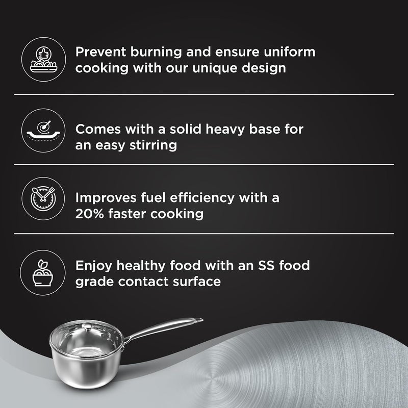 Preethi Metallica Collection Triply Stainless Steel Milk Pan with Glass Lid 16 cm Gas Induction Compatible Metal Spatula Friendly 1 Liter - Image 3