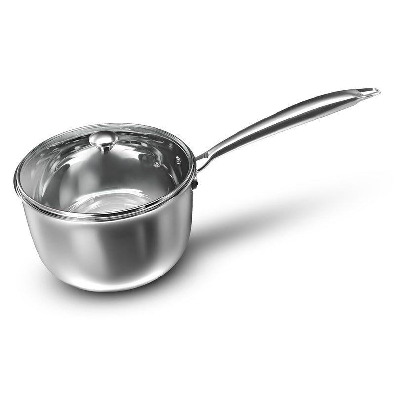Preethi Metallica Collection Triply Stainless Steel Milk Pan with Glass Lid 16 cm Gas Induction Compatible Metal Spatula Friendly 1 Liter - Image 1