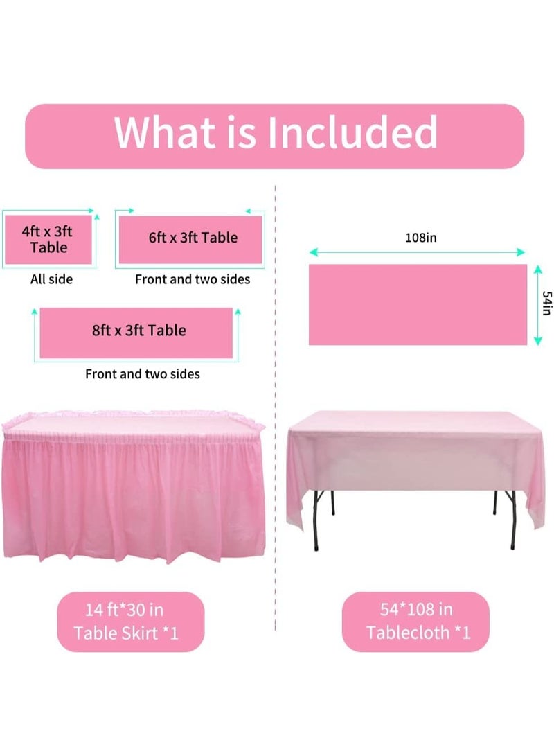 Mordely Pink Plastic Table Skirt & Tablecloth Set, 14FT Disposable Table Skirting Includes Table Cover for Rectangle Table, Birthday Party, Baby Shower Decorations - Image 2