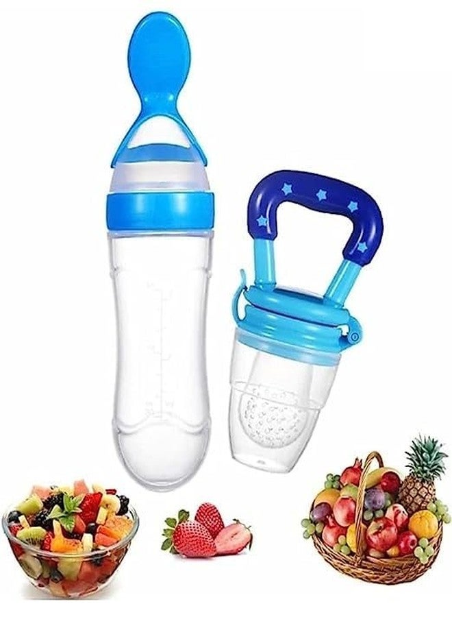 TrifleArte Combo of Feeding Bottle with Spoon & Fruit Feeder Pacifier | Food Feeder with Rattle & Spoon | Spoon Squeeze Feeder | Silicone Baby Feeding Spoon | Blue Color - Image 1