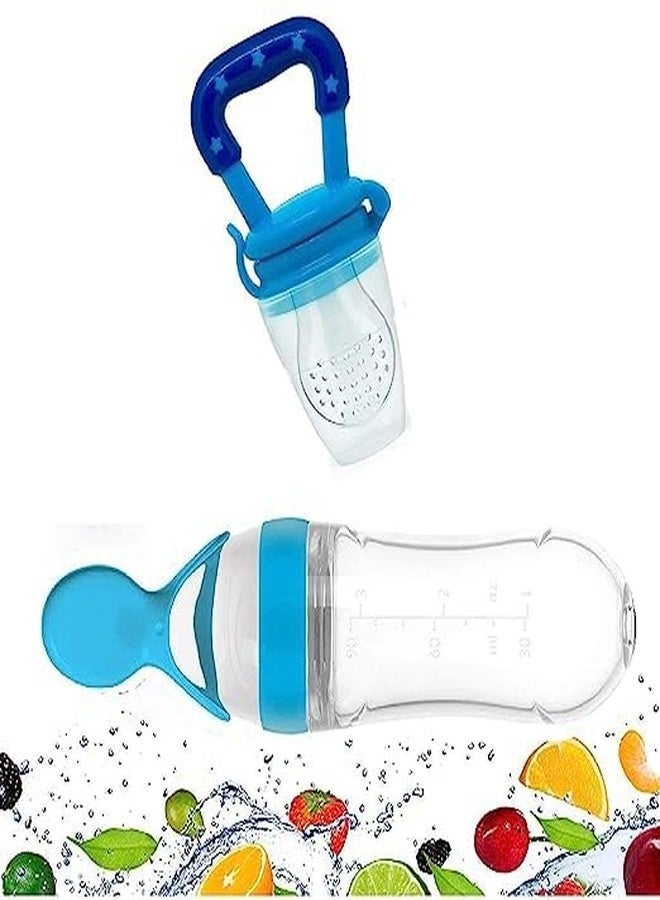 TrifleArte Combo of Feeding Bottle with Spoon & Fruit Feeder Pacifier | Food Feeder with Rattle & Spoon | Spoon Squeeze Feeder | Silicone Baby Feeding Spoon | Blue Color - Image 4