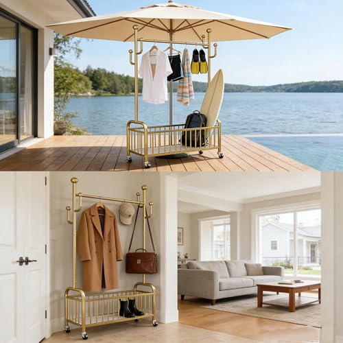 MAIKUNI Garment Racks,on wheels,movable,Double Decker,Sturdy Metal Frame,Available for both domestic and commercial use,for Hanging Organizers Clothes,Coats,Skirts,Shoes,Bags,Scarf,Neckties (gold, S) - Image 2