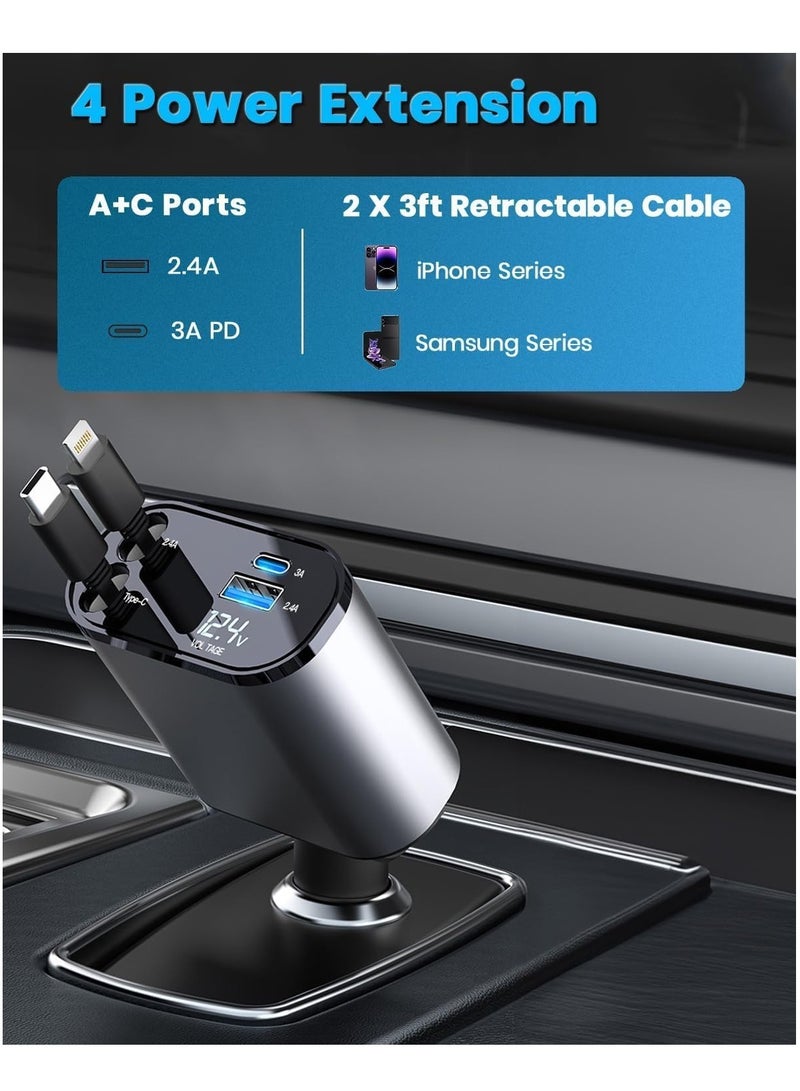 4-in-1 Car Charger with Dual Retractable Cable, Dual Port USB C PD Fast Charging Car Adapter Car Cigarette Lighter Adapter with Voltage Display Compatible with iPhone 14 13 Pro Max, iPad, Samsung - Image 2