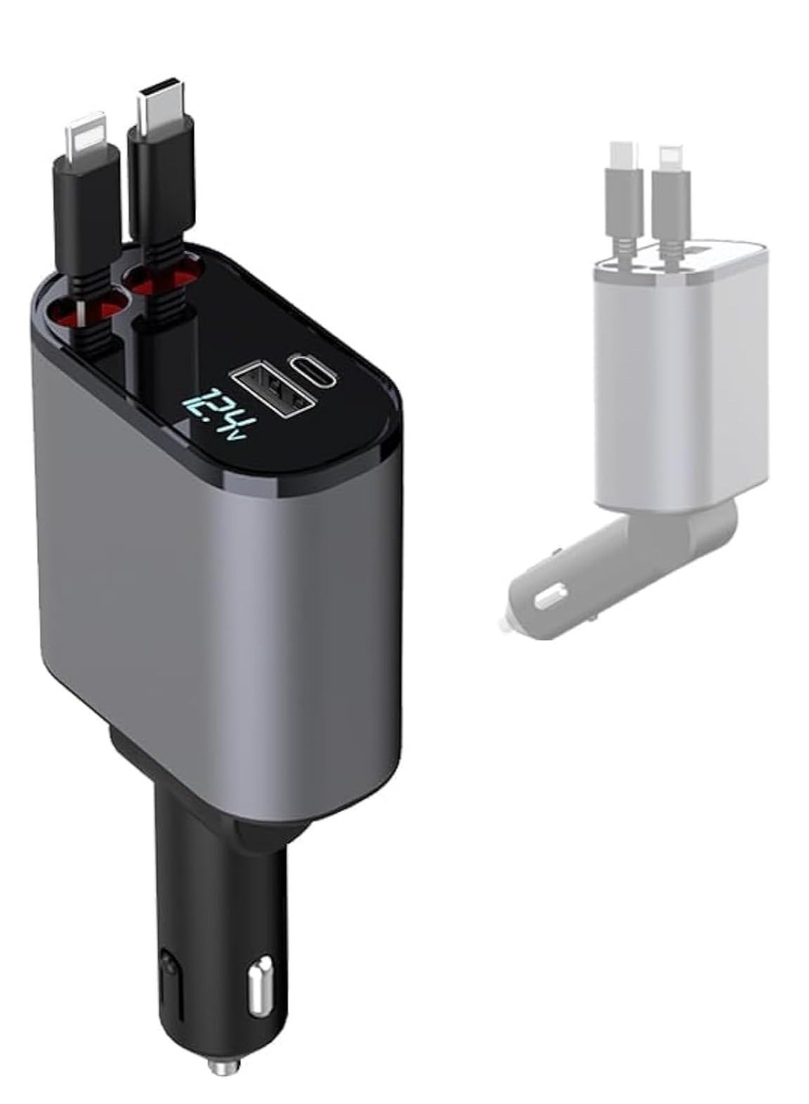 4-in-1 Car Charger with Dual Retractable Cable, Dual Port USB C PD Fast Charging Car Adapter Car Cigarette Lighter Adapter with Voltage Display Compatible with iPhone 14 13 Pro Max, iPad, Samsung