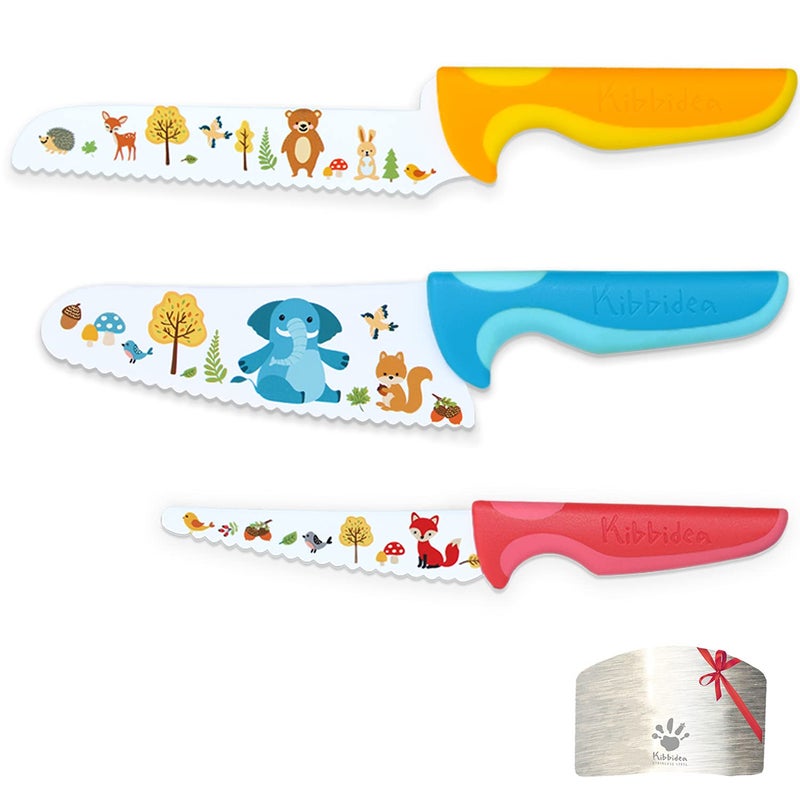 Kibbidea Kids Knife Set for Real Cooking, 4pcs Kids Safe Kitchen Cutting Knives, Stainless Steel Blades, Children First Starter knife, BPA-free (Multicolor) - Image 1