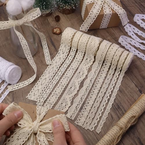DHFLYDH Beige Lace Ribbon 18 Yards Cotton Lace Trim Vintage Crochet Lace Ribbon Trim for Bridal Wedding Decoration Christmas Package DIY Sewing Craft Supply - Image 3
