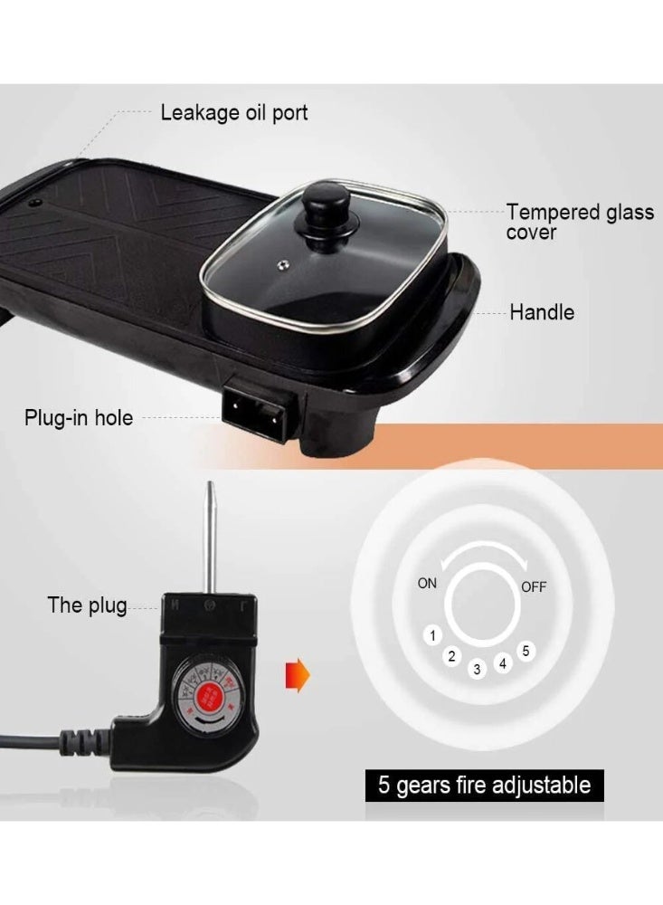 قدر كهربائي 2 في 1 للشواء والطهي، مقلاة غير لاصقة بغطاء زجاجي، جهاز شواء داخلي بدون دخان بدرجة حرارة قابلة للتعديل، مقاس 48×23×11 سم - Image 2
