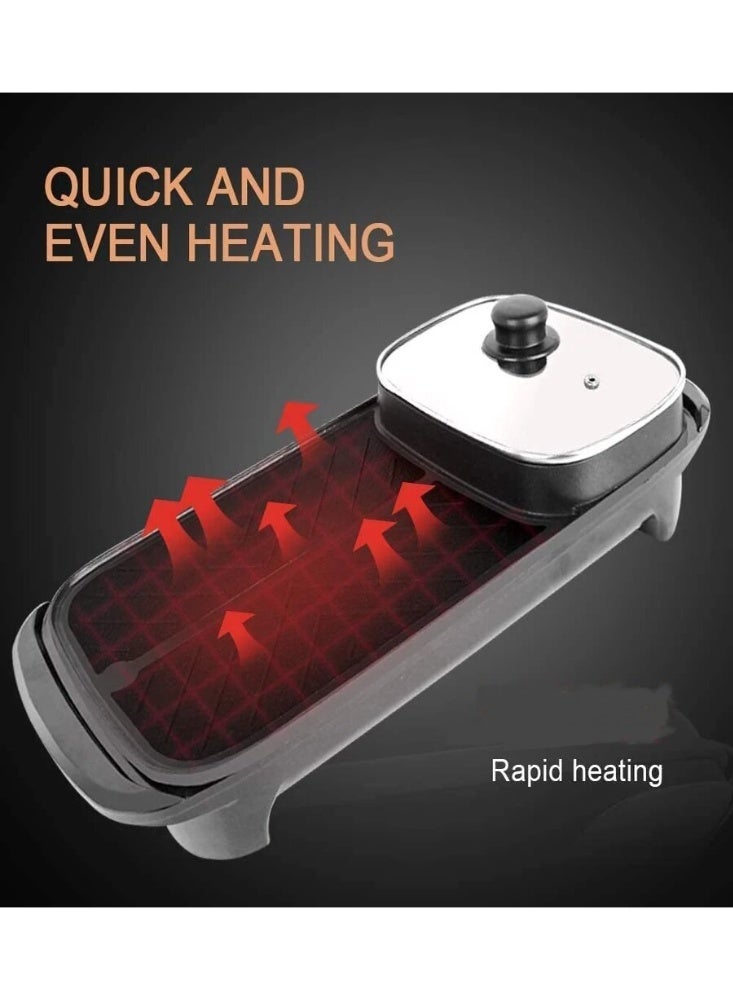 قدر كهربائي 2 في 1 للشواء والطهي، مقلاة غير لاصقة بغطاء زجاجي، جهاز شواء داخلي بدون دخان بدرجة حرارة قابلة للتعديل، مقاس 48×23×11 سم - Image 3