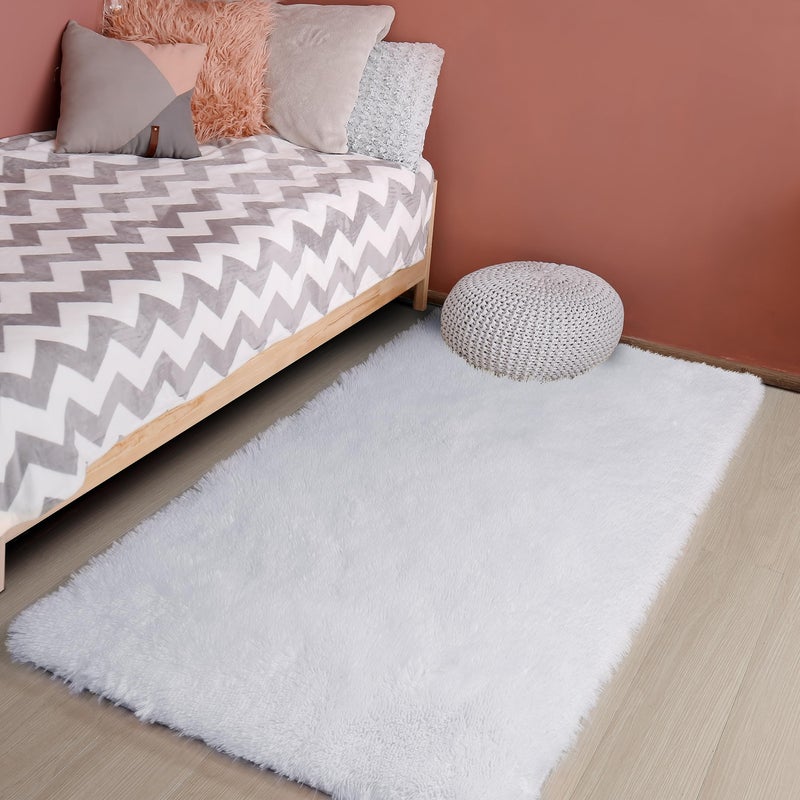 White Runner Rug for Bedroom 3 'X5 ' Fluffy Shag Rug for Living Room Bedside Rug for Kids Room Shaggy Throw Rug for Nursery Room Fuzzy Plush Rug White Carpet Rectangle Cute Room Decor for Baby