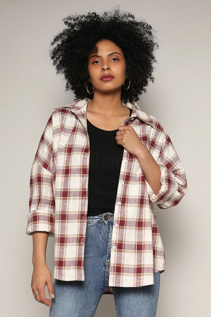 كامبوس سوترا قميص نسائي كاروهات مربعات بني موكا وأصفر باهت