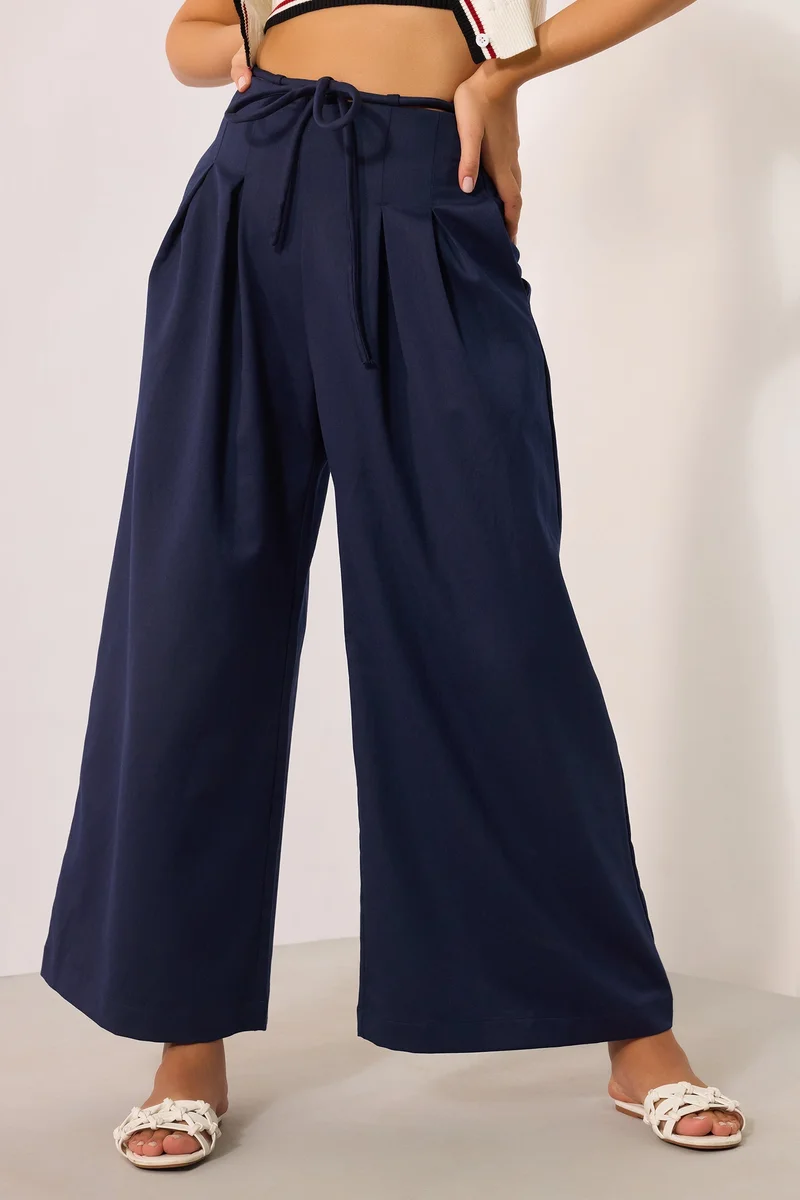 فيرجيو Solid Viscose Stretch Navy Pleated Flare Pant for Women
