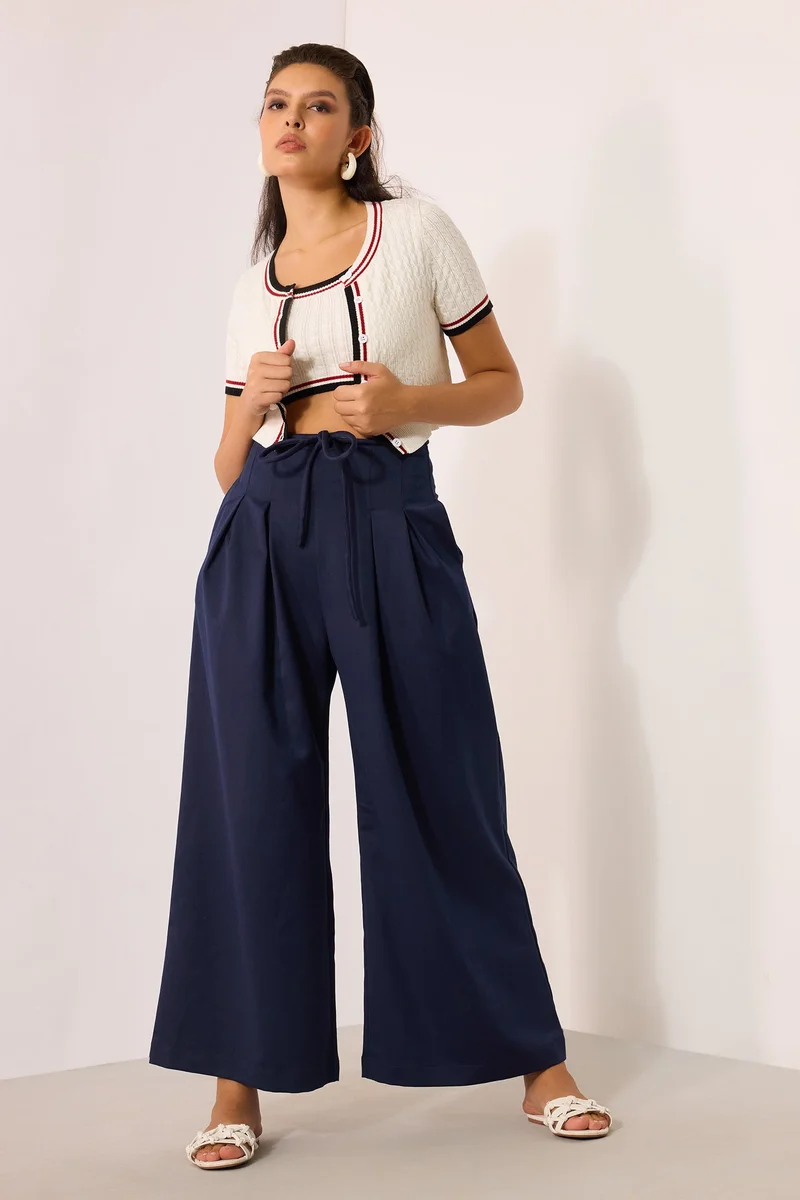 فيرجيو Solid Viscose Stretch Navy Pleated Flare Pant for Women