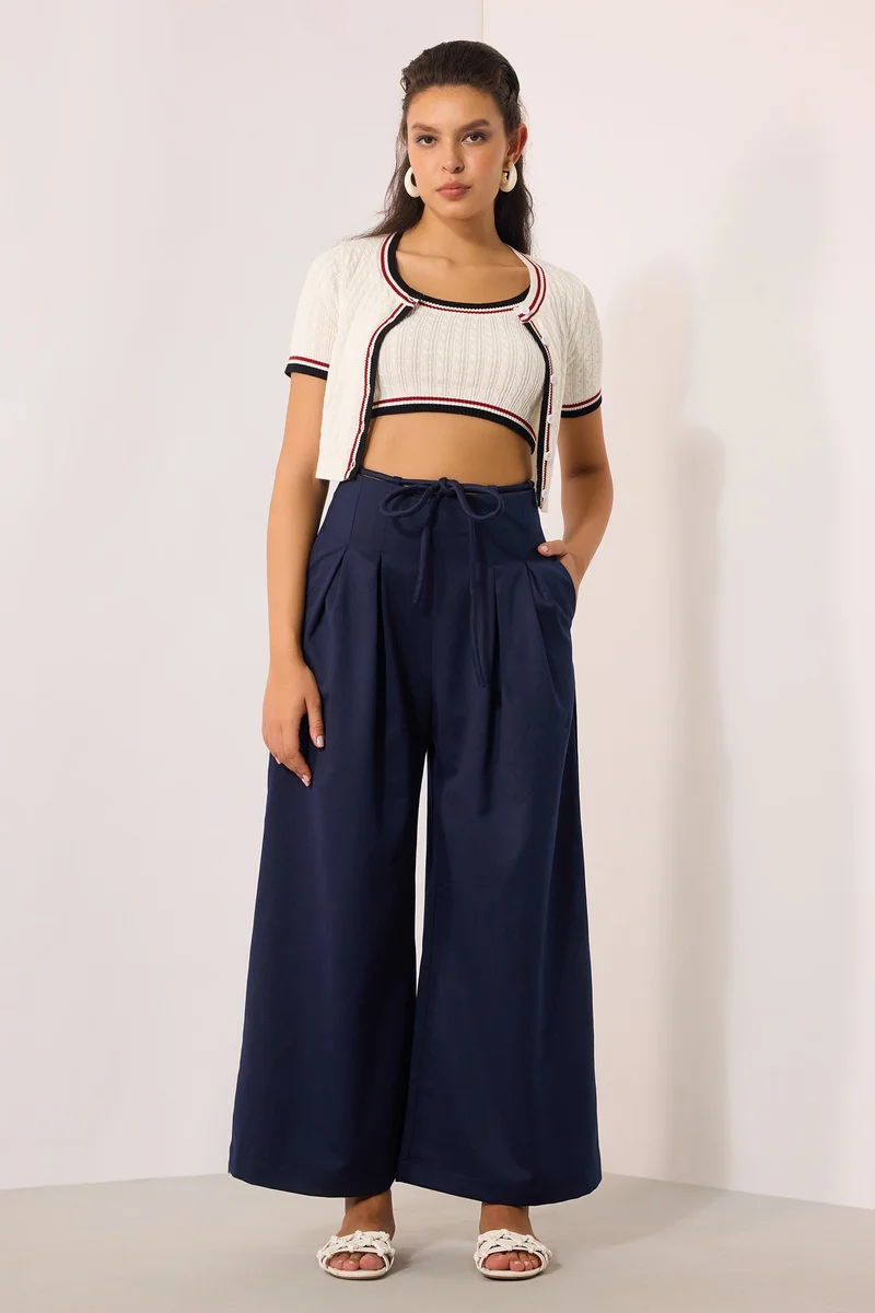 Virgio  Solid Viscose Stretch Navy Pleated Flare Pant for Women for Women | Best Price UAE