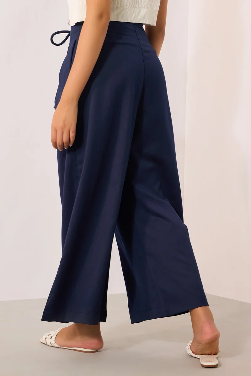 Virgio  Solid Viscose Stretch Navy Pleated Flare Pant for Women for Women | Best Price UAE