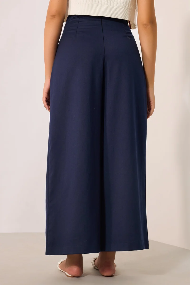 Virgio  Solid Viscose Stretch Navy Pleated Flare Pant for Women for Women | Best Price UAE
