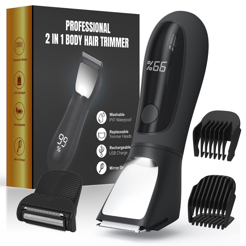NIPOO Bikini Trimmer for Women Men, 2 in 1 Electric Razors Shaver, IPX7 Waterproof Body Hair Trimmer with Mirror, LED Light & Display, Painless Pubic Hair Removal, Black - Image 1