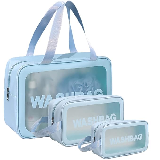 Pramit enterprise Makeup Travel Pouch Cosmetic Bag Travel kit Pouch for Toiletries Brushes and Cosmetics Set of 3 Washbag Pouch Blue - Image 1