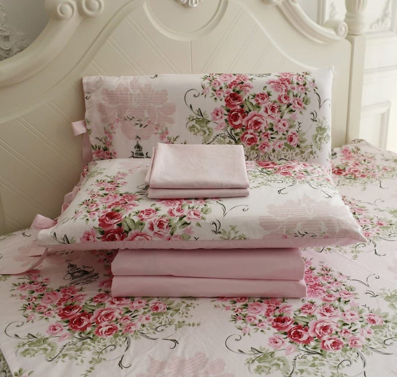 FADFAY Floral Bed Sheets 4Pcs Twin XL 100 Cotton Deep Pocket Fitted Sheet Sets Lightweight Soft Rose Bed Sheets for Girls AllSeason Use