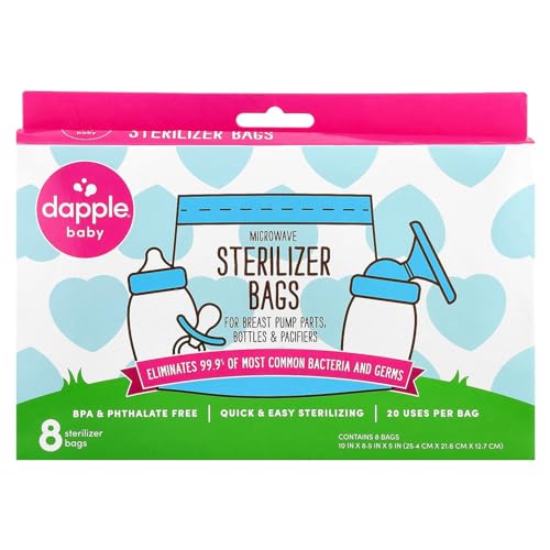 Dapple Baby Microwave Sterilizer Bags Reusable for Breast Pump Parts Baby Bottle 20 Uses Per Bag Great for Travel Office 8 Count Pack of 1