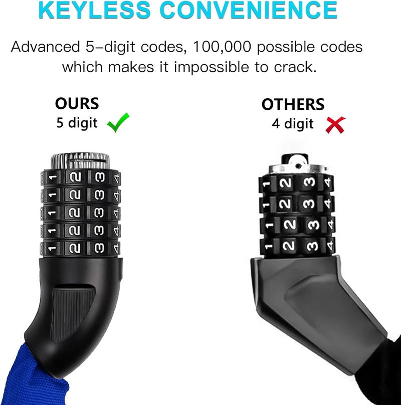 UBULLOX Bike Chain Lock 3FT Bike Lock 5-Digit Combination Resettable Anti-Theft Bicycle Locks Steel Chain for Bicycle, Motorcycle and More, Blue - Image 2