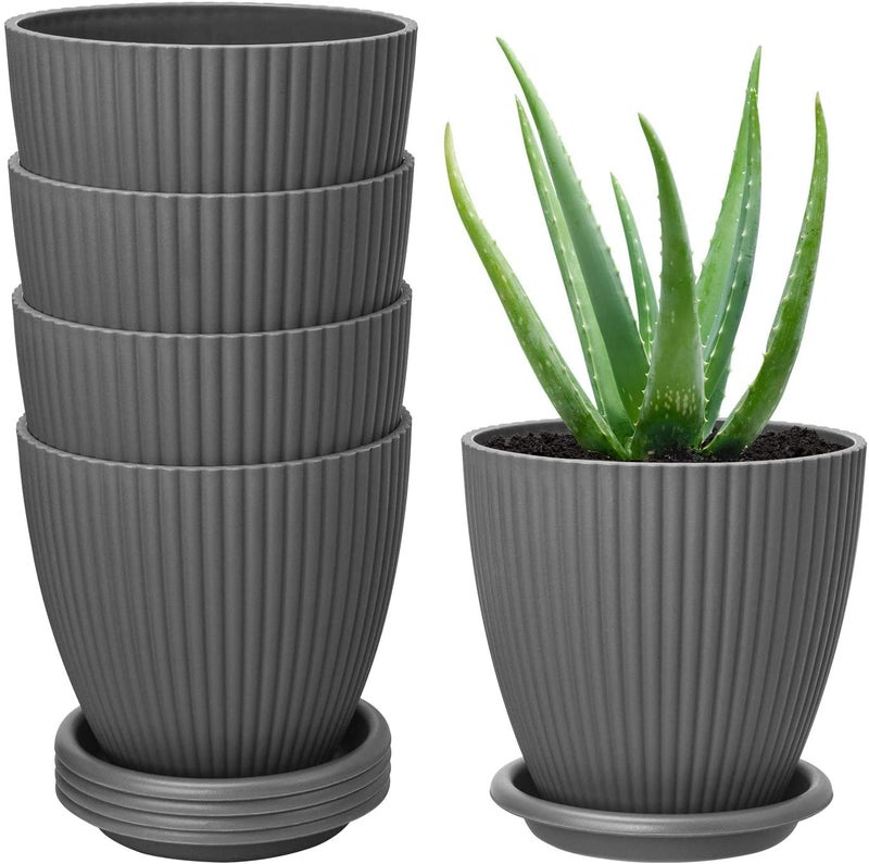 INKULTURE Plastic Round Flower Pots with Tray for Home Planters, Terrace, Garden Etc | Pack of 05 | Dark Grey | Size 6.5 Inch | for Home Indoor & Outdoor Gardening Plants - Image 1