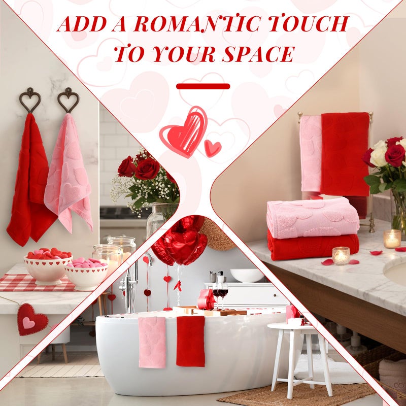 Tiamon 2 Pcs Valentines Bathroom Towels Cotton Red Pink Heart Hand Towels Valentines Day Decor for Valentine's Wedding Bathroom Kitchen Dish Drying Cleaning Cooking, 13.8 x 29.5 Inch(Heart) - Image 3