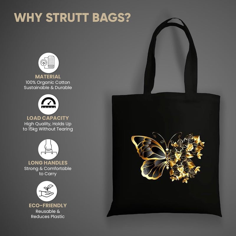 STRUTT Foldable Canvas Tote Bag for Women, Tote Bag for College Girls,100% Organic Cotton Reusable Shopping Bag for Grocery, Eco-Friendly Multi-Purpose Bag for Travel & Daily Use - Golden Butterfly - Image 2