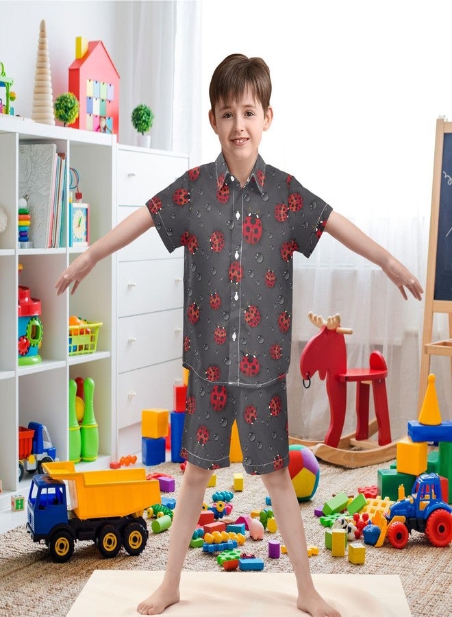 visesunny Boys 2 Piece Outfit Button Down Shirt and Short Sets Cute Ladybug Pattern Boy Summer Outfits for Children Kids - Image 2