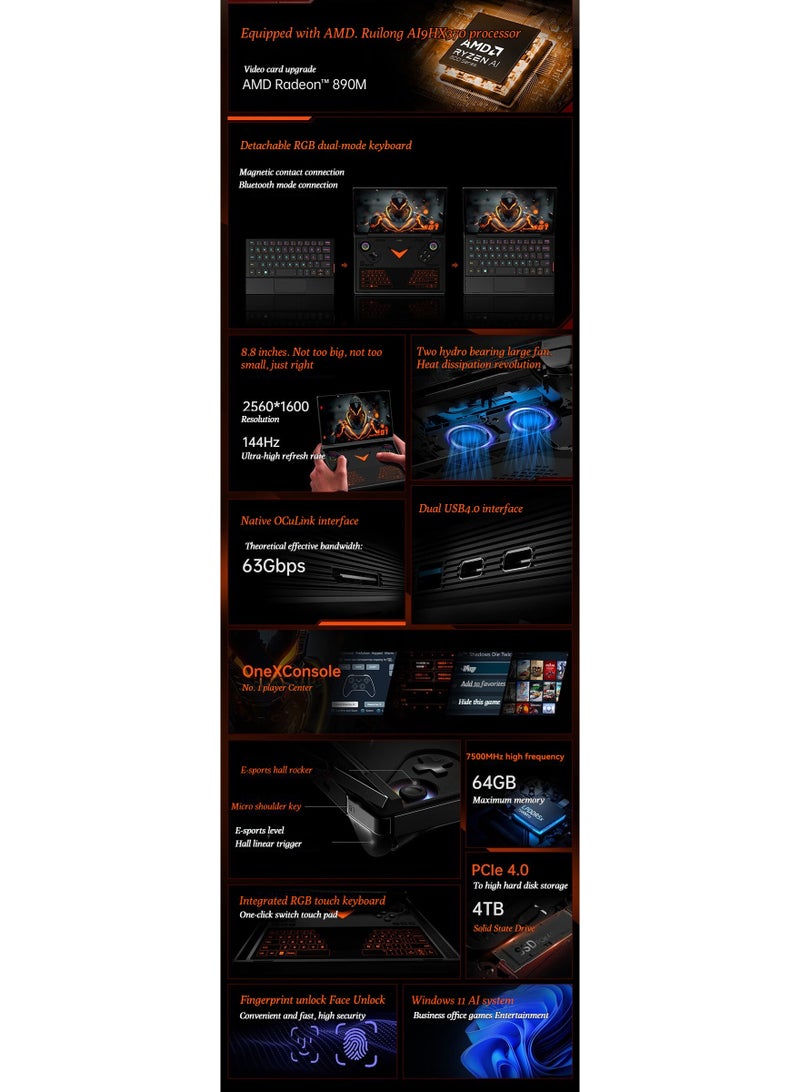 ون اكس بلير OneXPlayer G1 mini - كمبيوتر محمول صغير 8.8 بوصة، AMD AI9 HX 370/8840U، كمبيوتر محمول سفر أعمال 2 في 1، G1 AMD AI 9 HX 370 أسود 32G + 2TB - Image 3