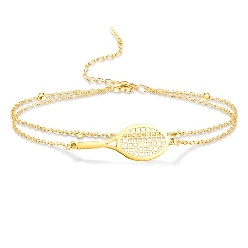 VASSAGO Tennis Racket Bracelet for Women Men Dainty Adjustable Racket Charm Layering Sport Bangle Bracelet Lover Jewelry Tennis Gifts for Women Men Players (Gold Layered Bracelet) - Image 1